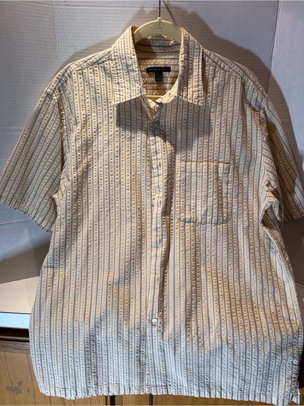 Van Heusen Cream Short-Sleeve Button-Down Shirt with Subtle Stripe